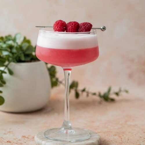 A raspberry gin sour in a coupe glass, topped with thick foam and garnished with three raspberries on a skewer, sits on a marble coaster with a green potted plant in the background.