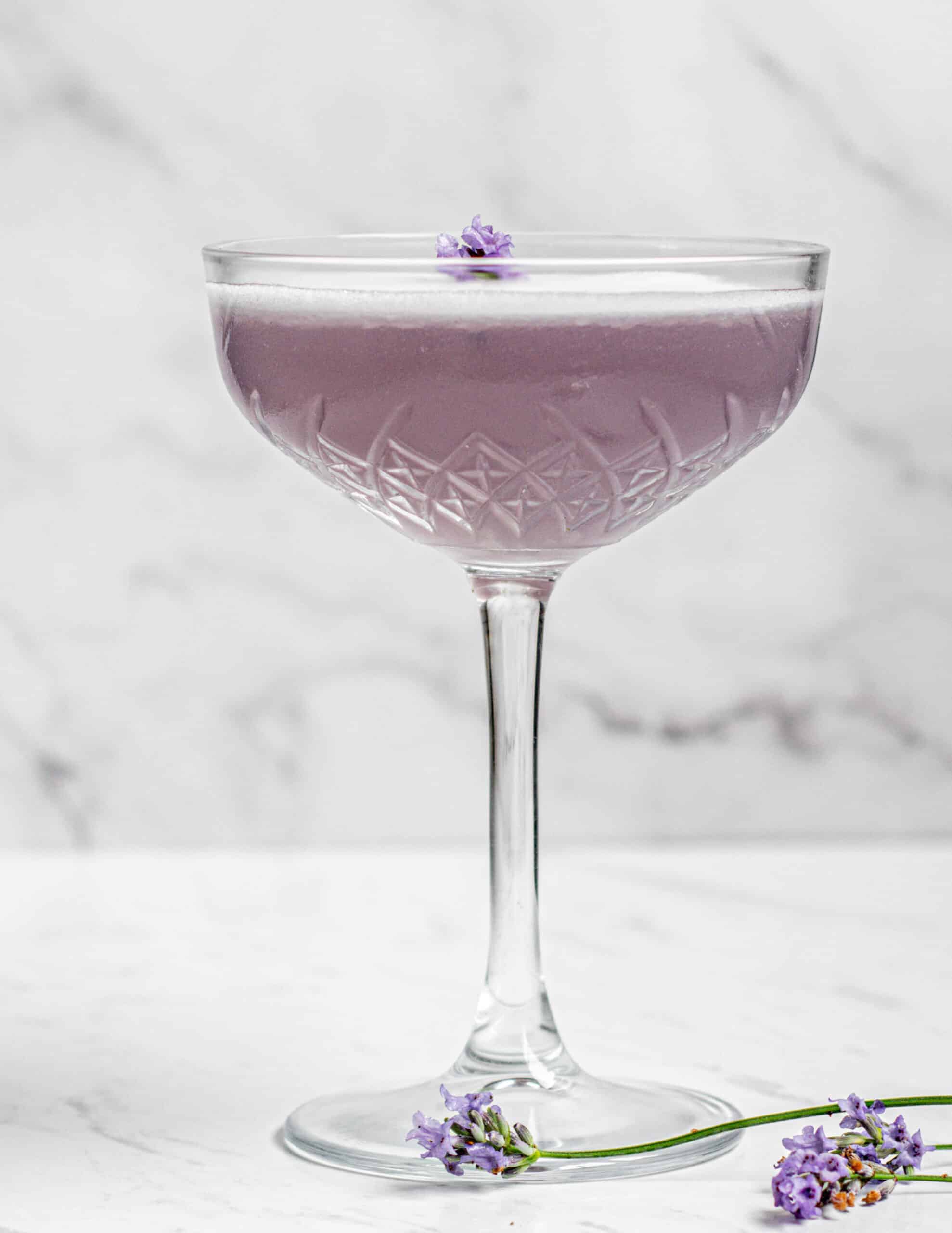 lavender gin sour in a martini glass with small lavender flower in the middle of the foam of the drink and sprig of lavender at its base.