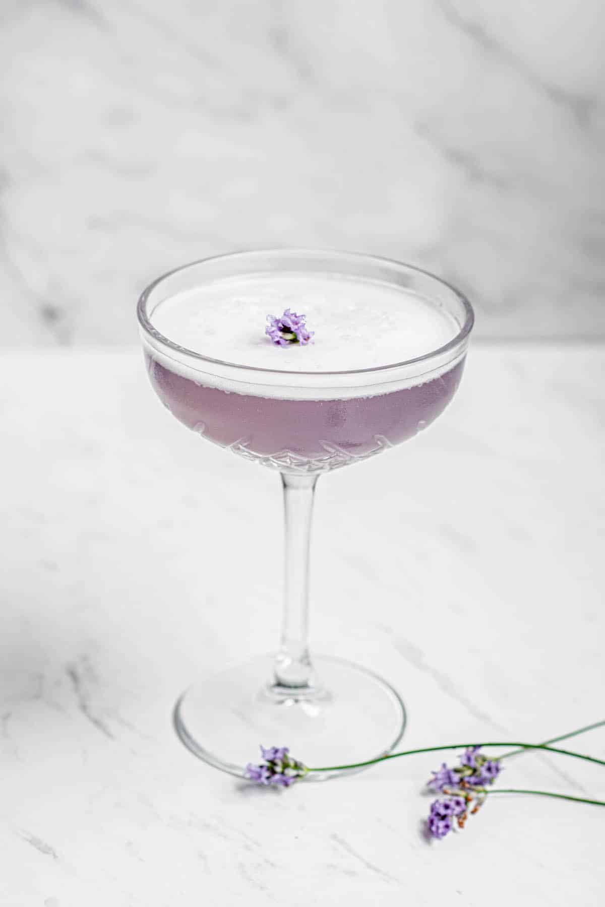 lavender gin sour in a martini glass with small lavender flower in the middle of the foam of the drink