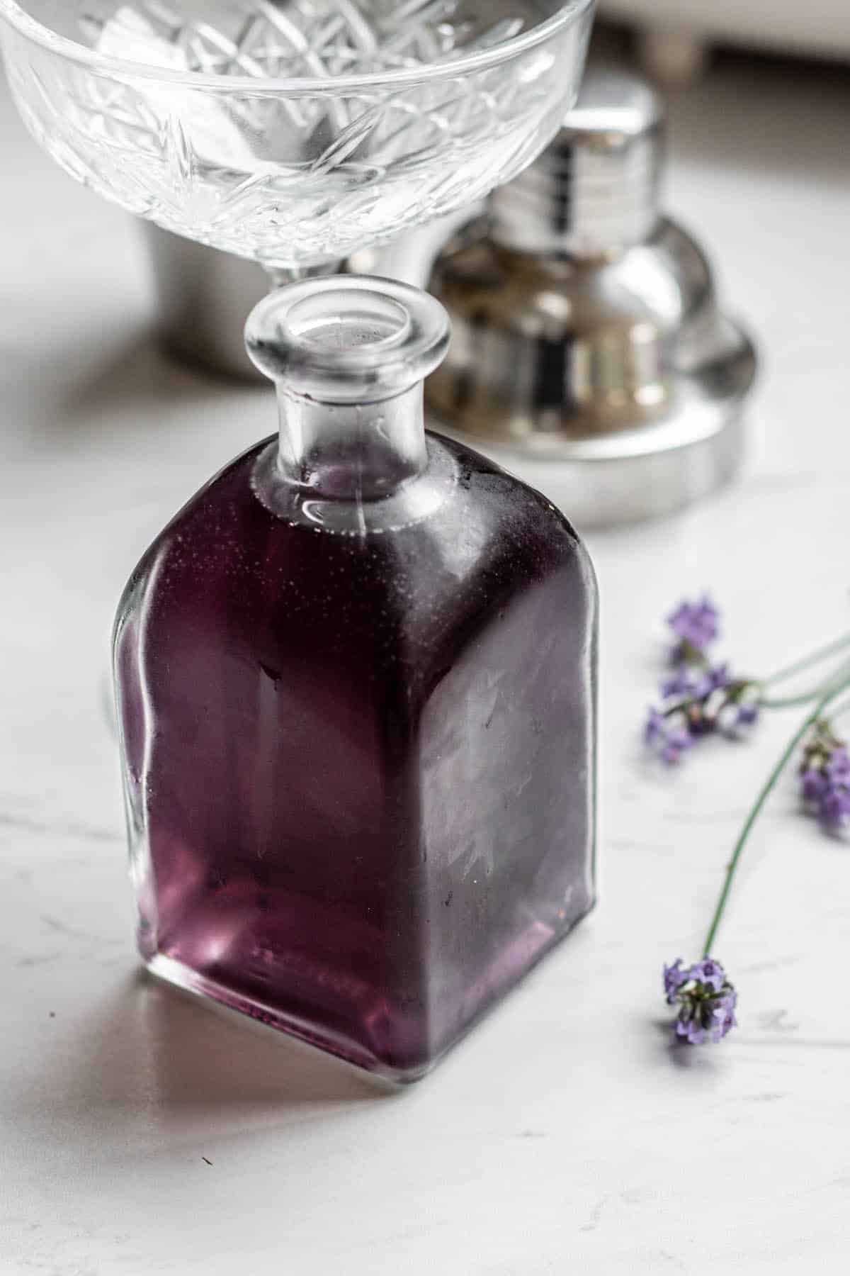 lavender fin sour syrup in a glass jar with sprigs of lavender on the bench next to it.