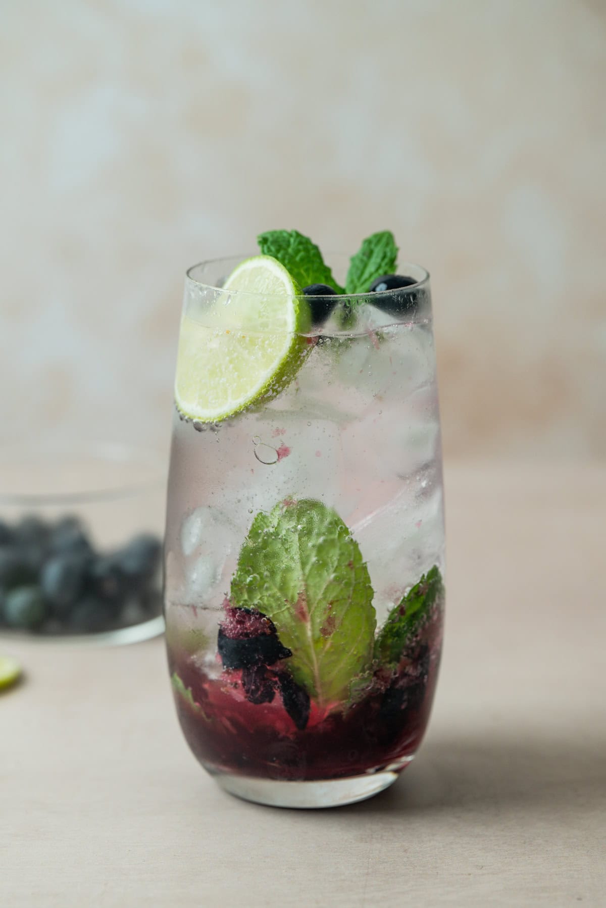 A refreshing Blueberry Mojito Mocktail served in a glass with ice, mint leaves, blueberries, a slice of lime, and berry puree at the bottom. A bowl of blueberries is blurred in the background.
