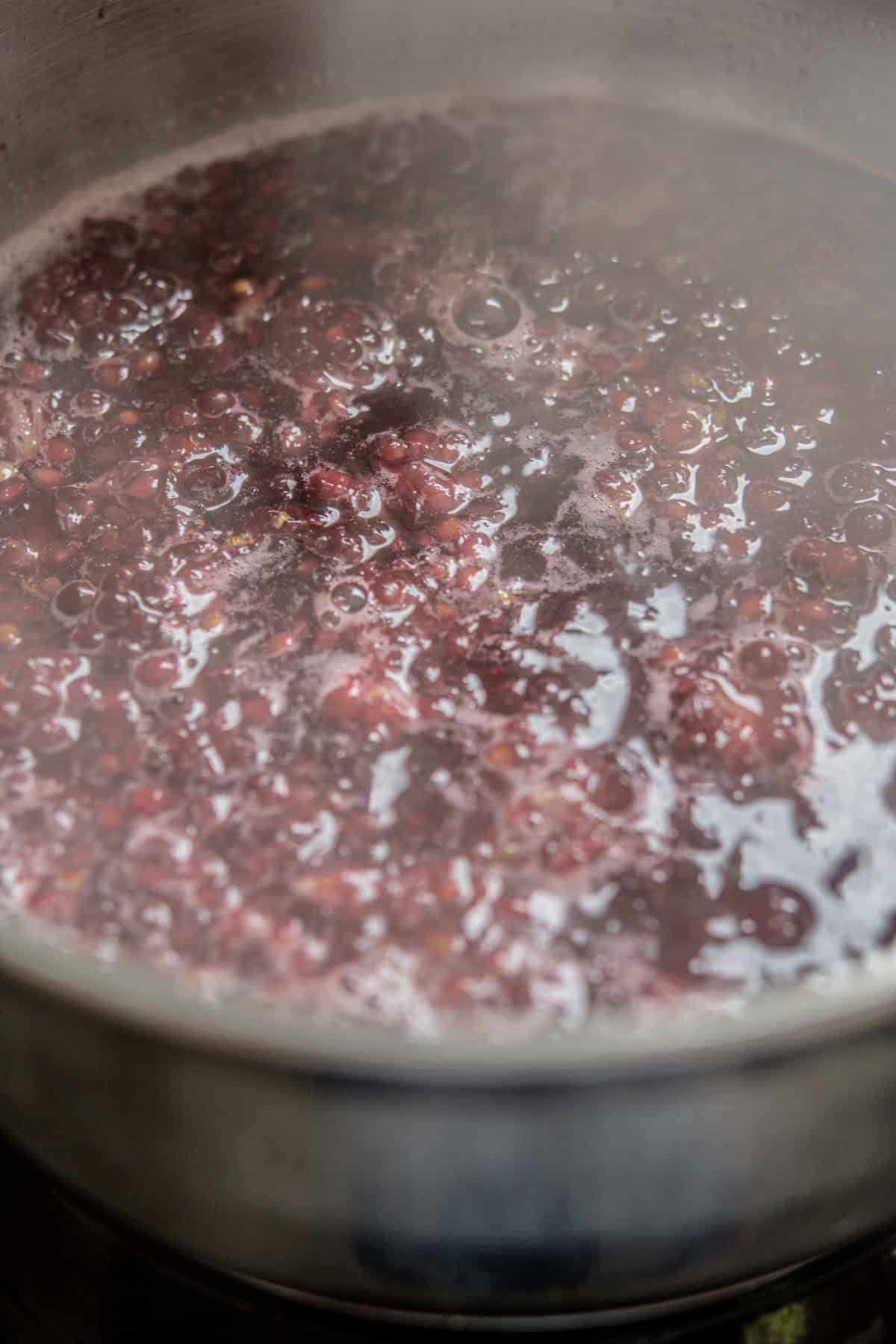 A pot filled with bubbling red jam-like mixture, possibly consisting of berries, is cooking on a stove. Steam rises from the surface, indicating it is hot. The mixture appears thick and chunky with visible fruit pieces.