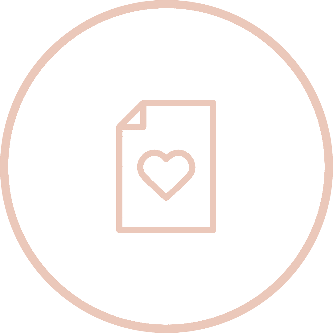 A simple line drawing of a piece of paper with a heart symbol in the center, enclosed within a circular border. The design is minimalistic and uses a soft pink color.