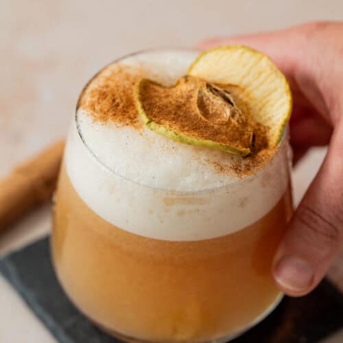 A hand holds a frothy cocktail in a round glass, garnished with a dried apple slice and sprinkled with cinnamon, resting on a dark square coaster.