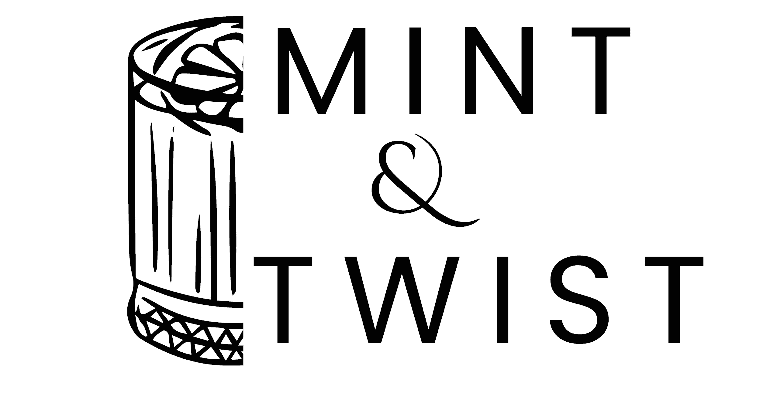 Line drawing of a cocktail glass with a garnish on the left, with the words MINT & TWIST in large, bold letters to the right. The glass is partially overlapped by the text.
